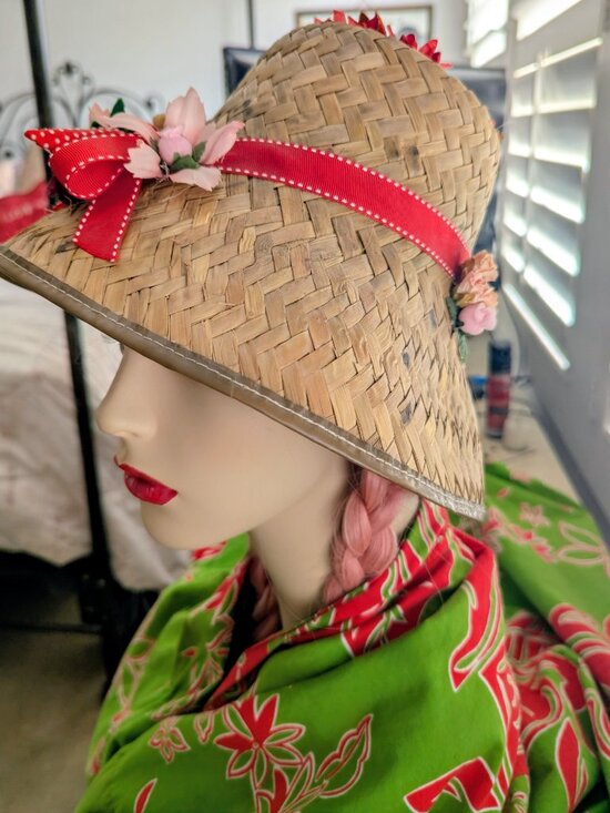 Vintage 1950\'s-60\'s Straw Floral Sun Hat-Tiki Hat-Flowers & Red Robbon Cute main image 9